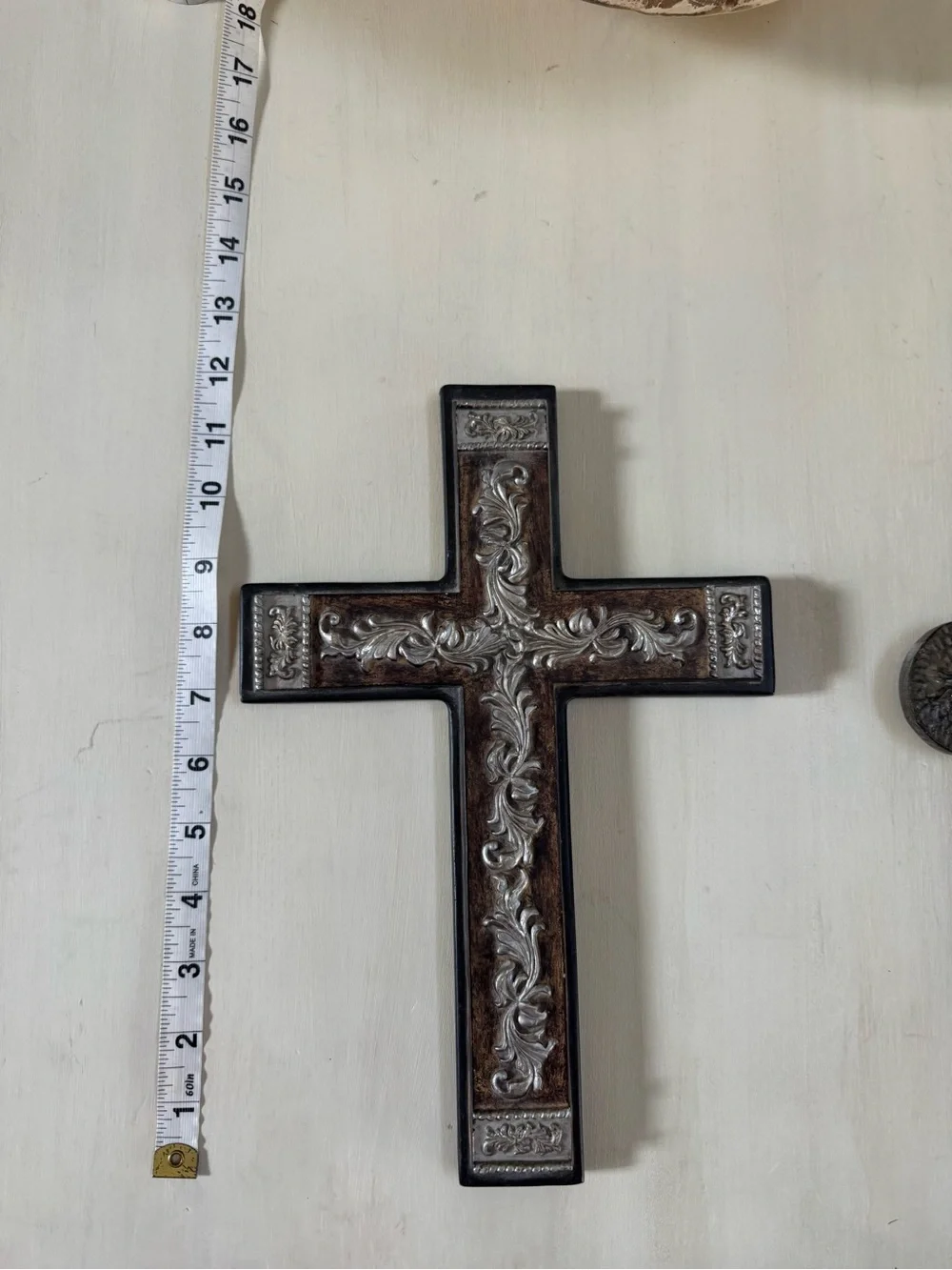 Ornate Brown and Silver Decorative Wall Cross and bronze colored ceramic cross